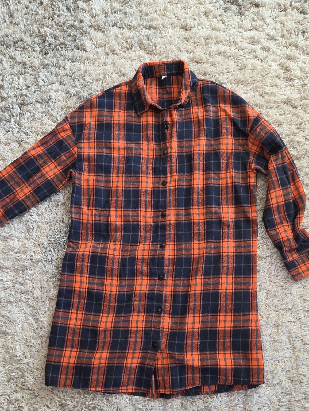 SHEIN Orange & Blue Plaid Long Button-Down Shirt Dress